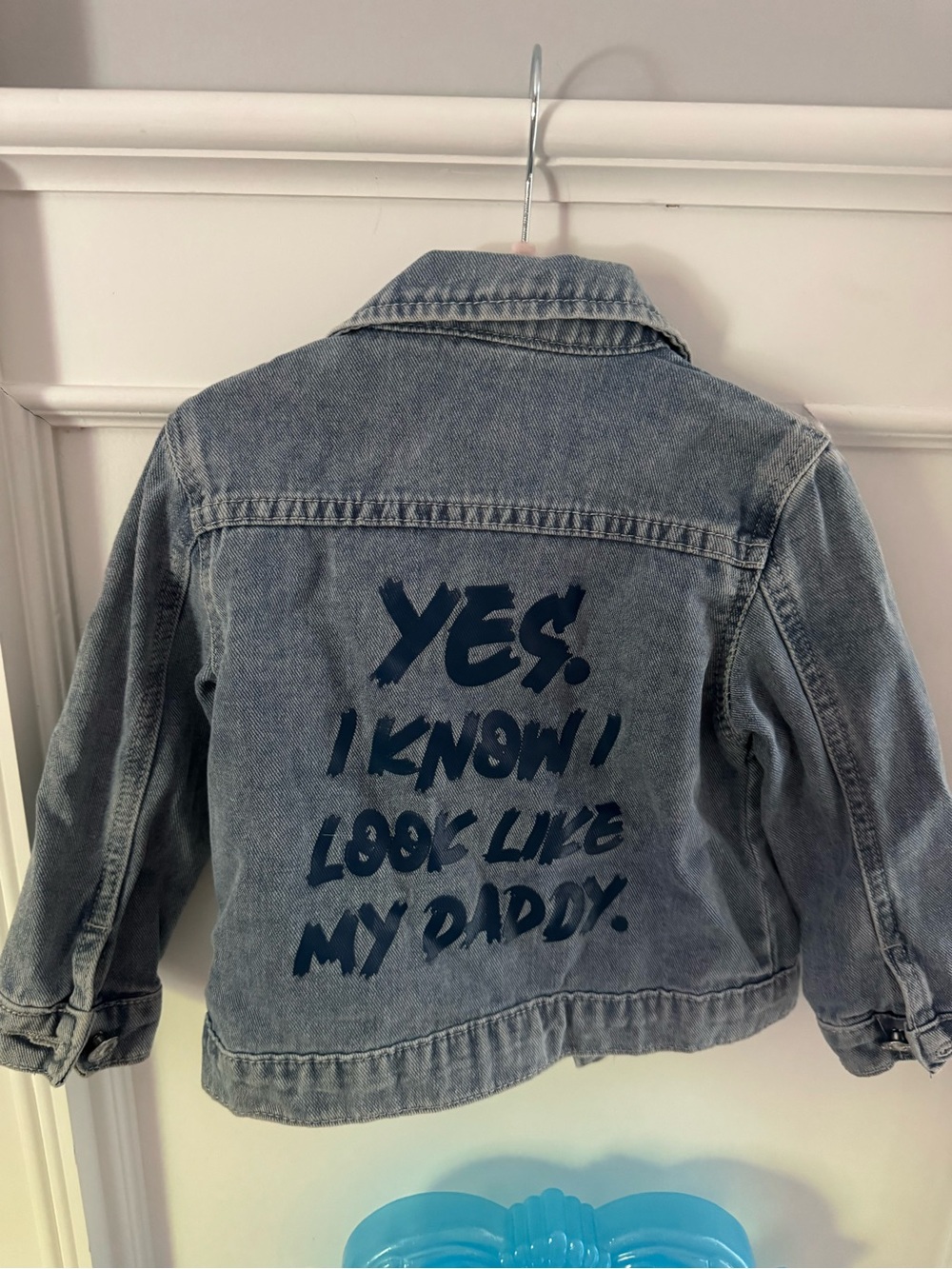 SHEIN Light Blue Kids Denim Jacket with Navy Back Slogan